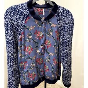 Free People Blue Floral Bomber Jacket with Navy Knit Sleeves